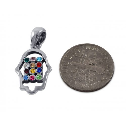 925 Sterling Silver Pendant Necklace - Colorful Choshen Breastplate in Hamsa Image