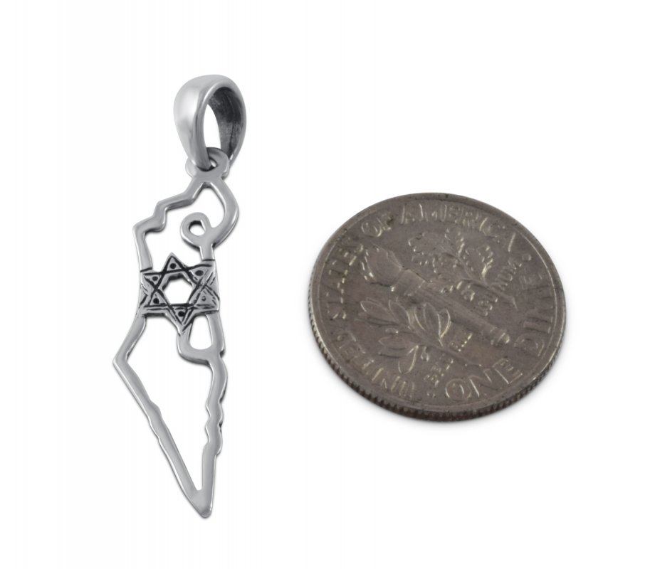 925 Sterling Silver Pendant Necklace - Star of David with Outline of Israel