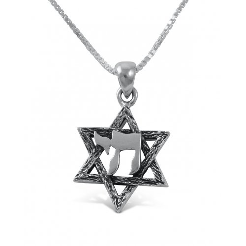 925 Sterling Silver Pendant Necklace, Star of David with Hebrew Chai Letters