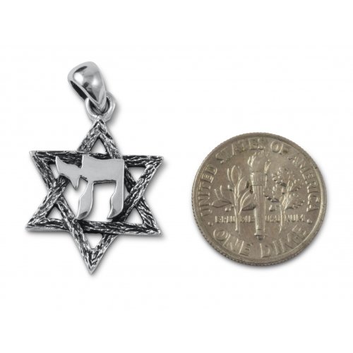 925 Sterling Silver Pendant Necklace, Star of David with Hebrew Chai Letters