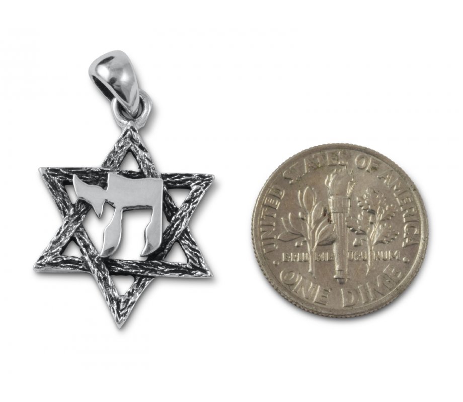 925 Sterling Silver Pendant Necklace, Star of David with Hebrew Chai Letters