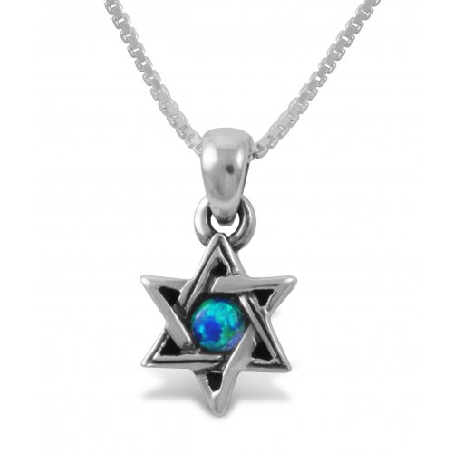 925 Sterling Silver Pendant Necklace, Star of David with Small Cultured Opal