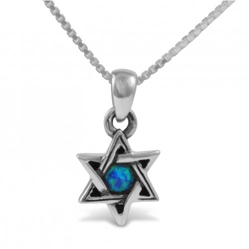 925 Sterling Silver Pendant Necklace, Star of David with Small Cultured Opal