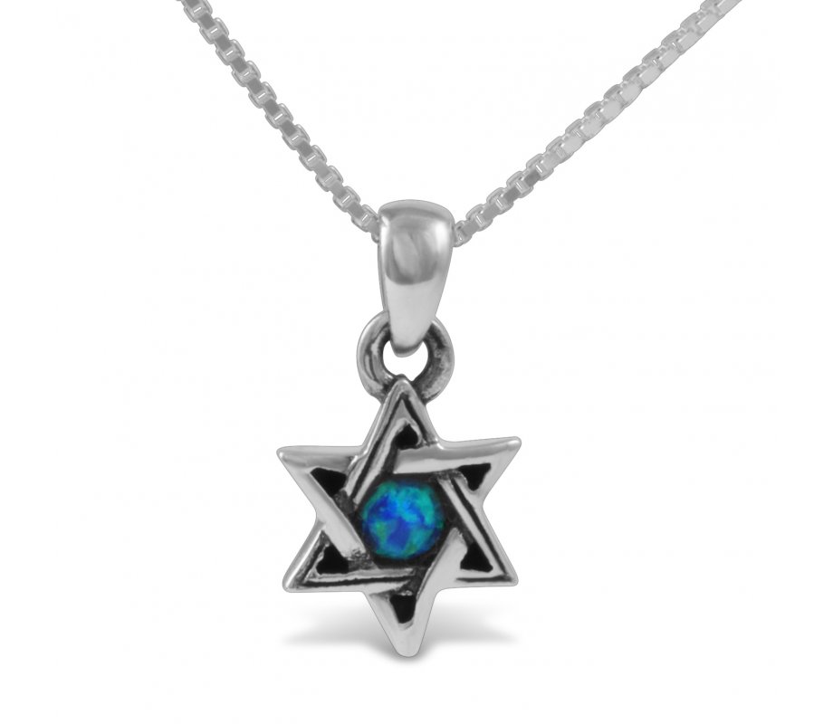925 Sterling Silver Pendant Necklace, Star of David with Small Cultured Opal