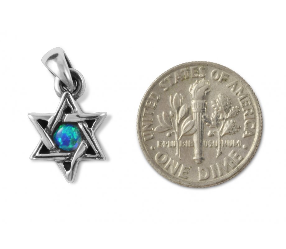 925 Sterling Silver Pendant Necklace, Star of David with Small Cultured Opal