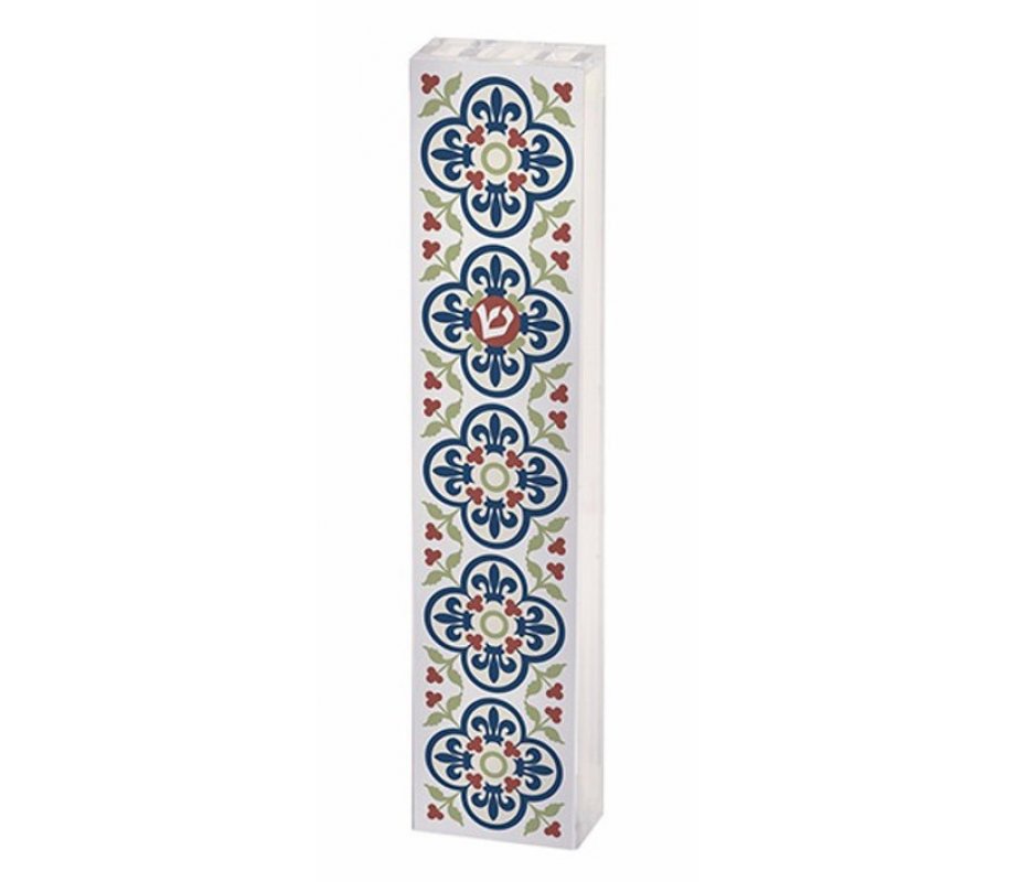 Acrylic Mezuzah Case, Blue Fleur de Lys Design - Dorit Judaica
