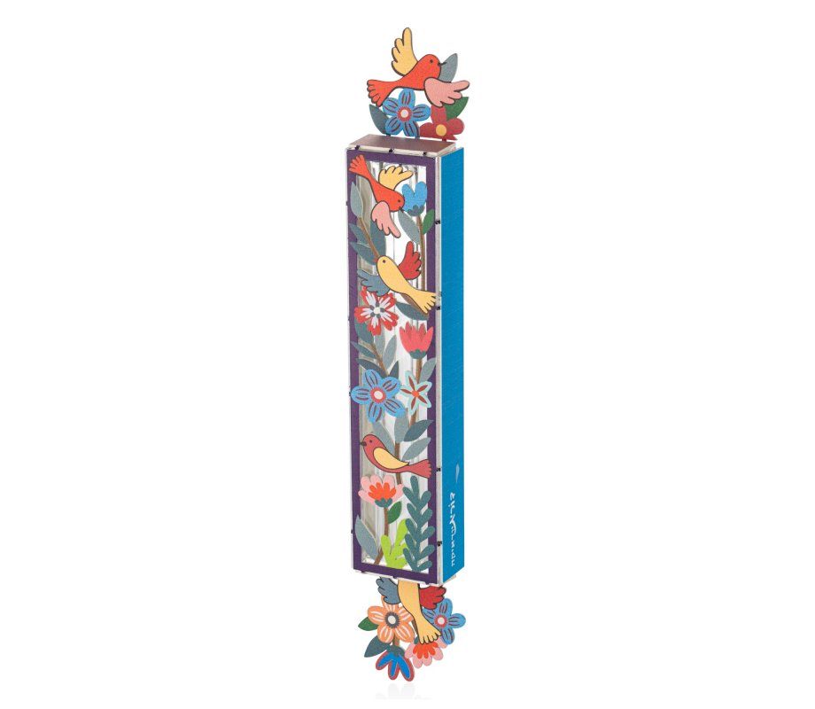 Acrylic Mezuzah Case, Colorful Birds and Flowers Design - Dorit Judaica