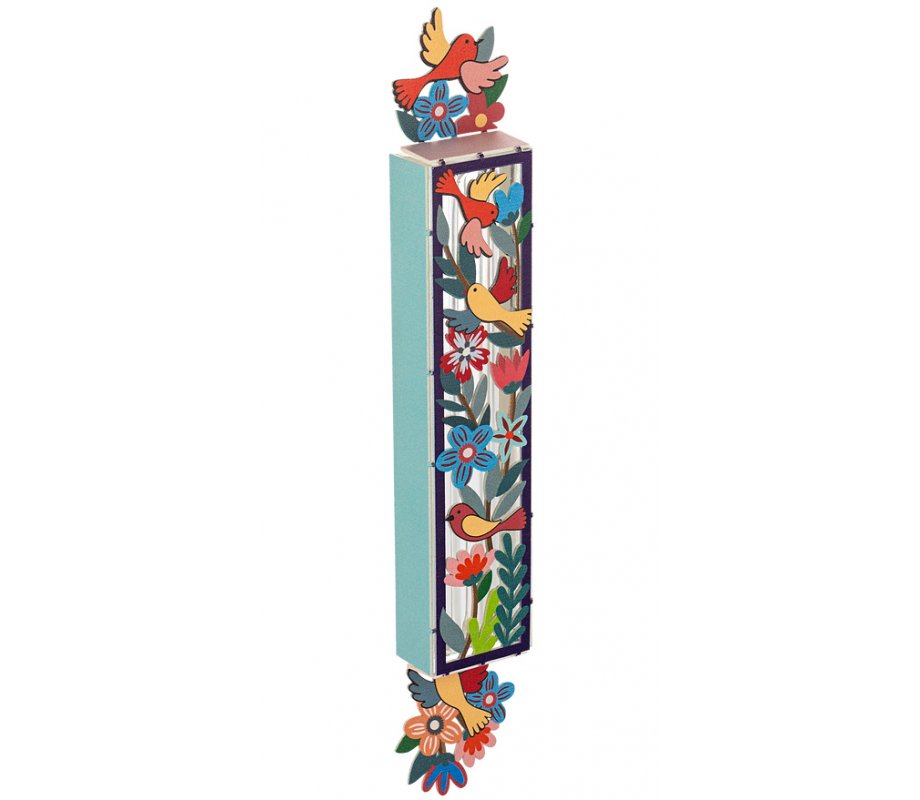 Acrylic Mezuzah Case, Colorful Birds and Flowers Design - Dorit Judaica