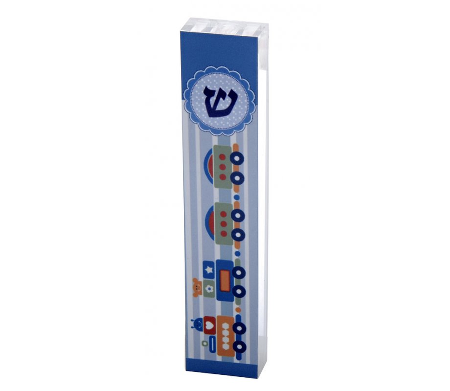 Acrylic Mezuzah Case, Lively Blue Train Design - Dorit Judaica