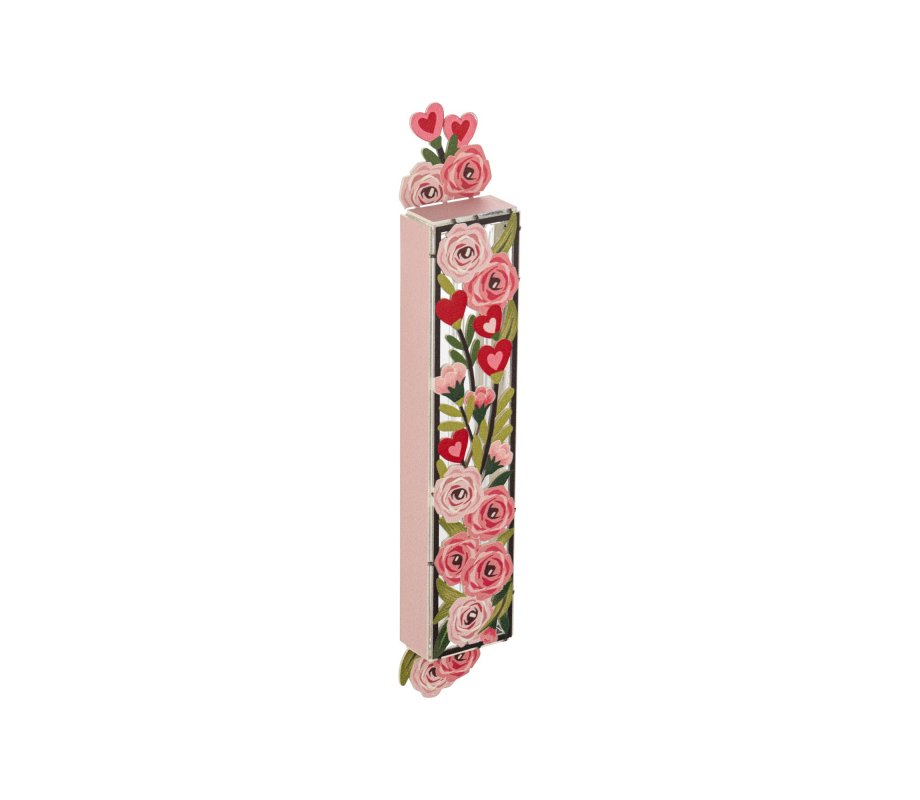 Acrylic Mezuzah Case, Pastel Floral and Hearts Design - Dorit Judaica