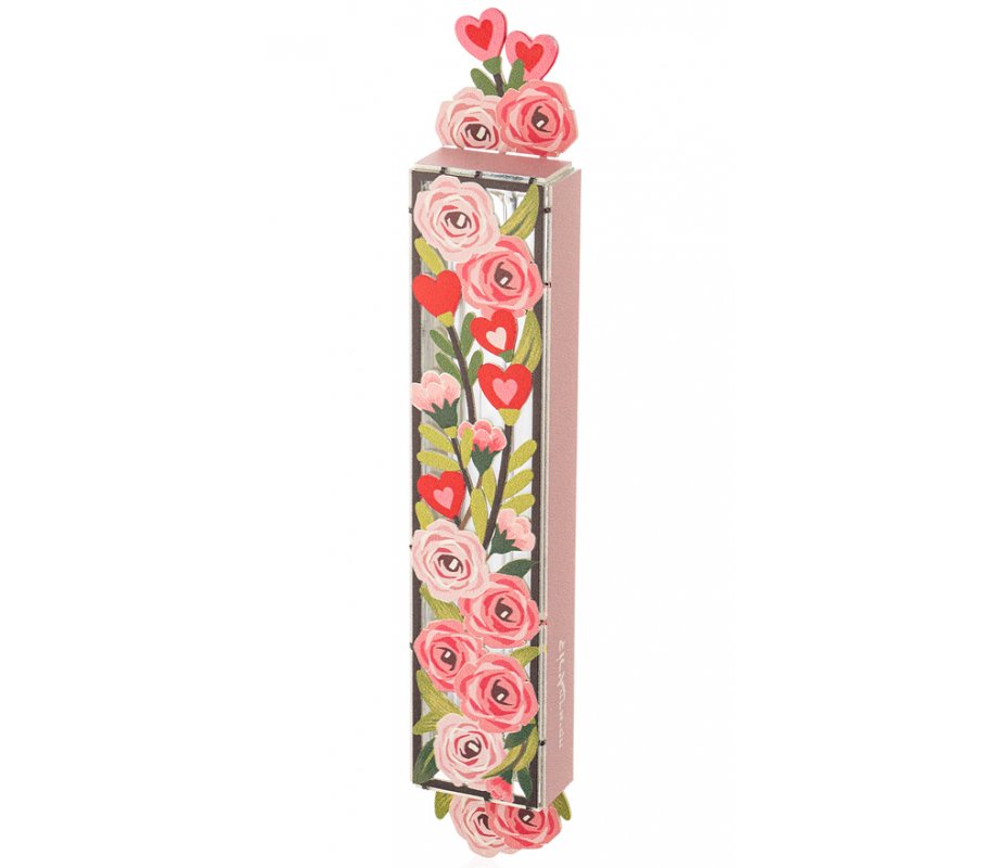 Acrylic Mezuzah Case, Pastel Floral and Hearts Design - Dorit Judaica