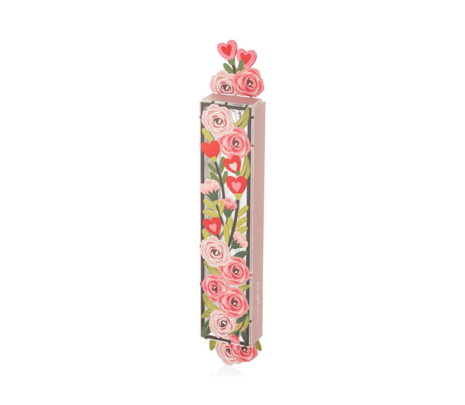 Acrylic Mezuzah Case, Pastel Floral and Hearts Design - Dorit Judaica