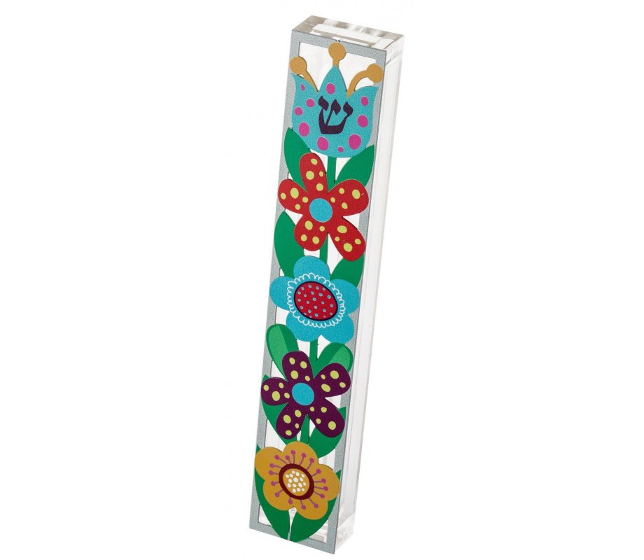 Acrylic Mezuzah Case with Colorful Flower Design - Dorit Judaica