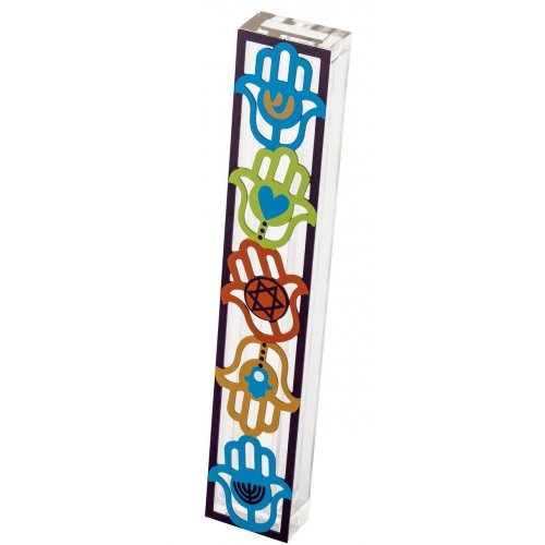 Acrylic Mezuzah Case with Colorful Hamsa Design - Dorit Judaica