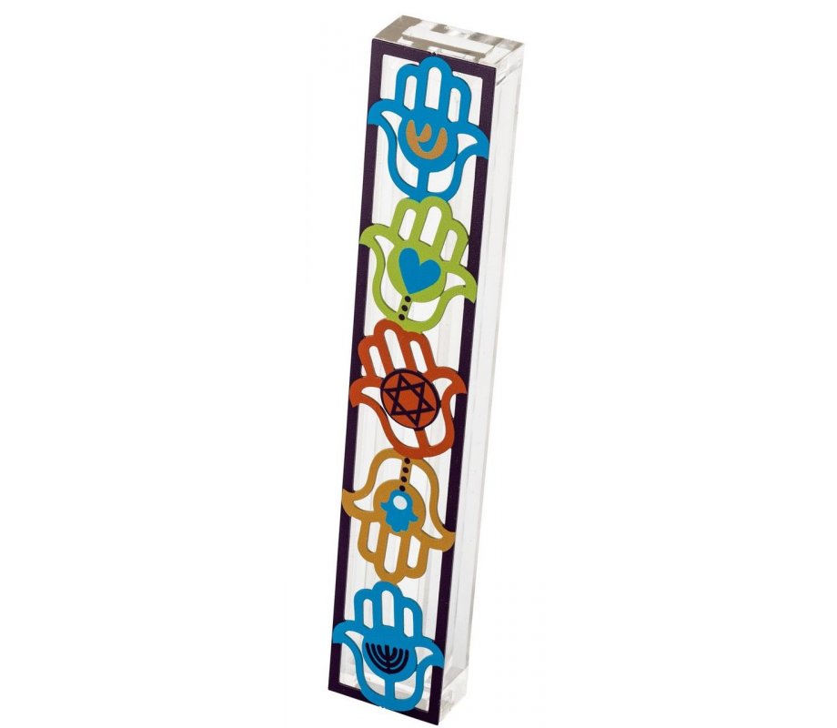Acrylic Mezuzah Case with Colorful Hamsa Design - Dorit Judaica