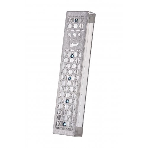 Acrylic Mezuzah Case with Cutout Stars of David, Blue Crystals - Dorit Judaica