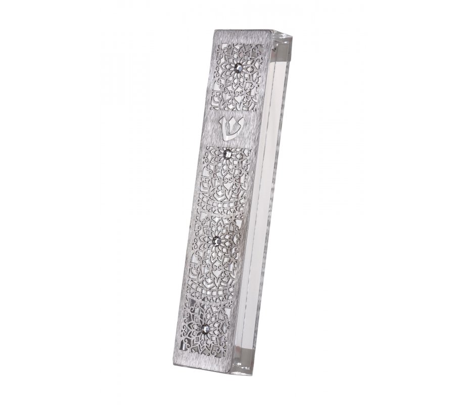Acrylic Mezuzah Case with Cutout Steel, Swarovski Stones, Mandala - Dorit Judaica