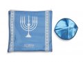 Acrylic Prayer Shawl Set Powder Blue and Silver with Menorah and Bible Words  Ateret