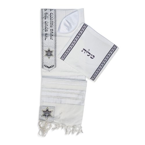 Acrylic Prayer Shawl Set, White Stripes and Silver Neckband with Star of David Motif - Ateret