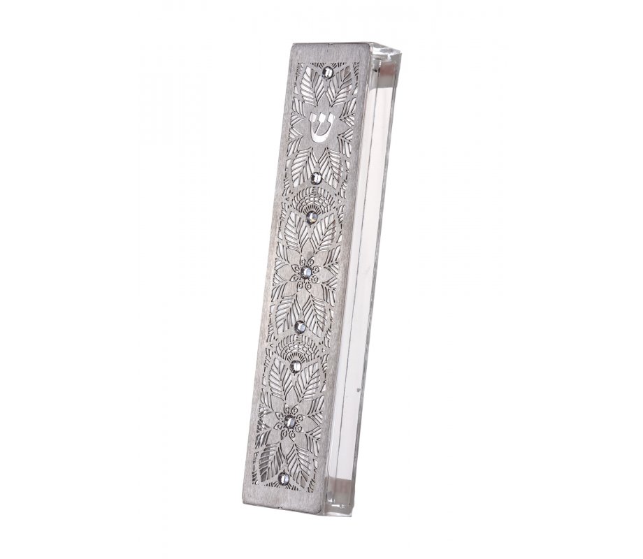Acrylic Steel Mezuzah Case, Cutout Leaf Design with Clear Crystals - Dorit Judaica