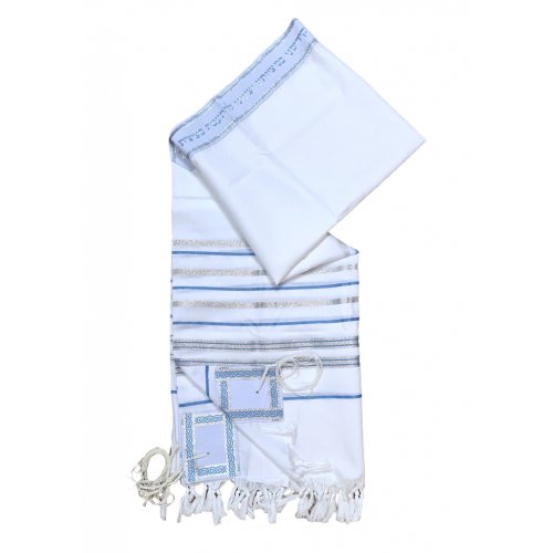 Acrylic Tallit Prayer Shawl with Light Blue and Silver Stripes  Noam