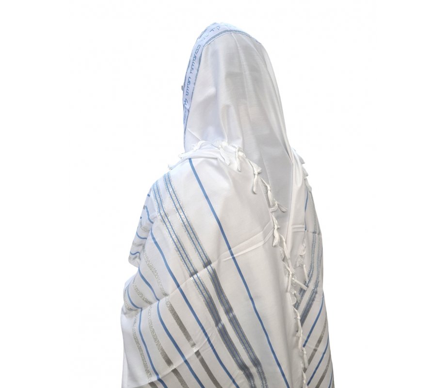 Acrylic Tallit Prayer Shawl with Light Blue and Silver Stripes – Noam