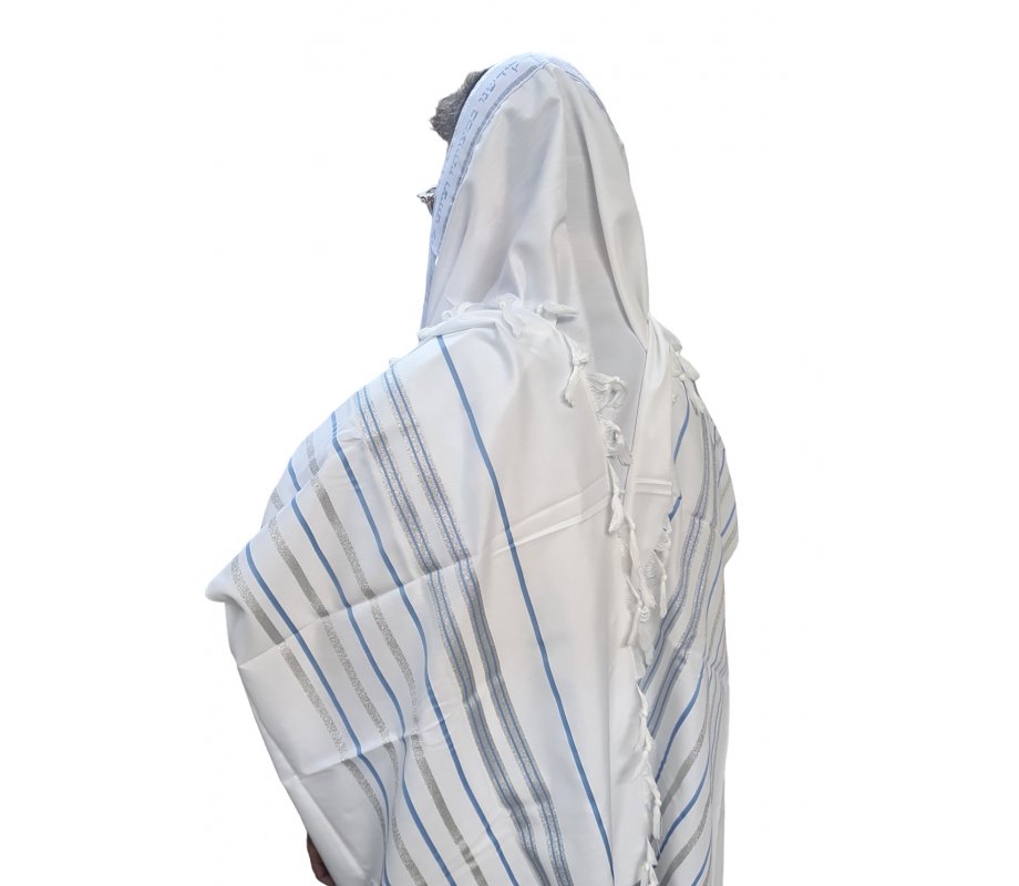 Acrylic Tallit Prayer Shawl with Light Blue and Silver Stripes – Noam