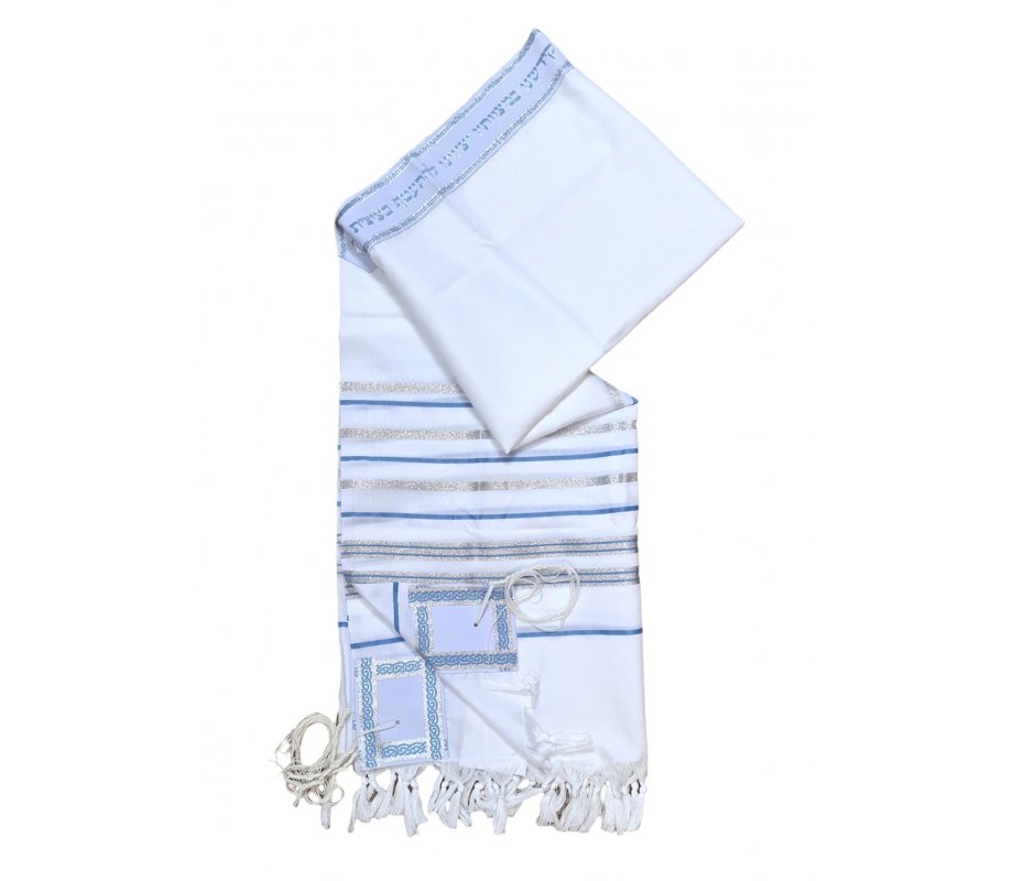 Acrylic Tallit Prayer Shawl with Light Blue and Silver Stripes – Noam
