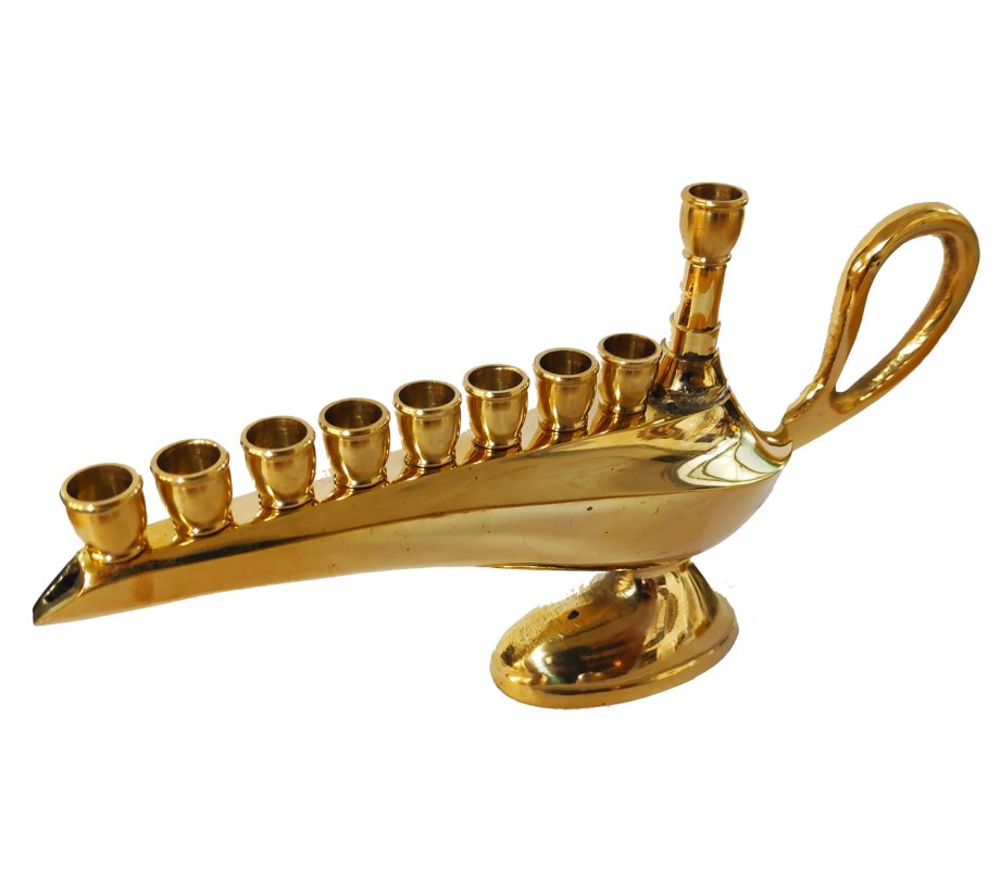 Aladdin Lamp Hanukkah Menorah Copper, Small 7 Inches - For Candles