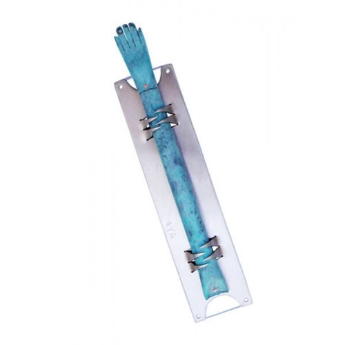 Alpaca Mezuzah Case Extended Hamsa Hand - Blue by Shraga Landesman