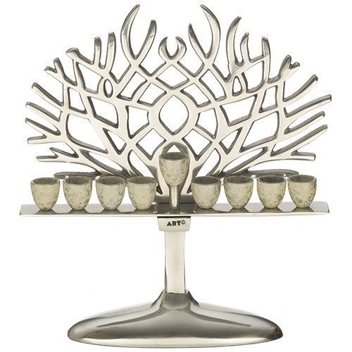 Aluminum Chanukah Menorah With Hammered Cups and Branches Backdrop - 12.9