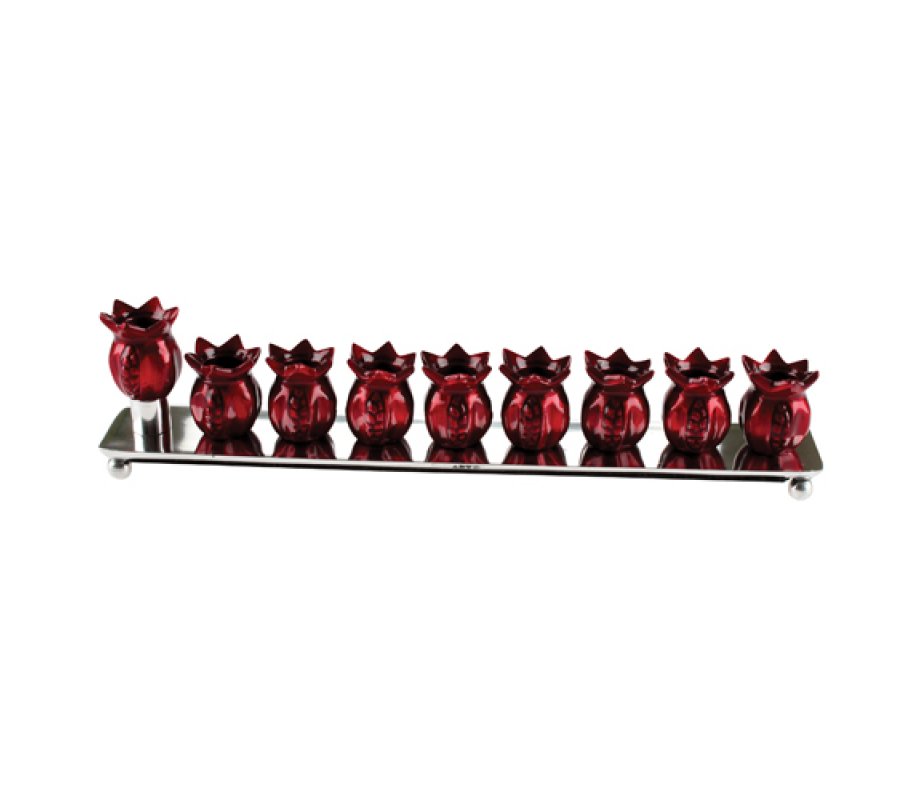 Aluminum Chanukah Menorah with Elegant Burgundy Cups - for Candles