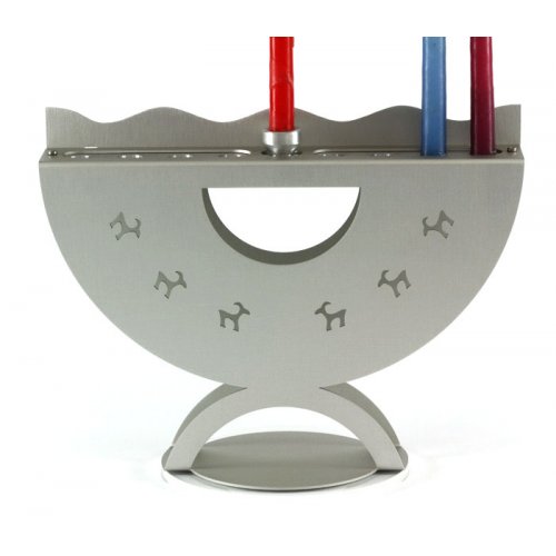 Aluminum Curved Hanukkah Menorah with Ibex Design, Gray - Shraga Landesman