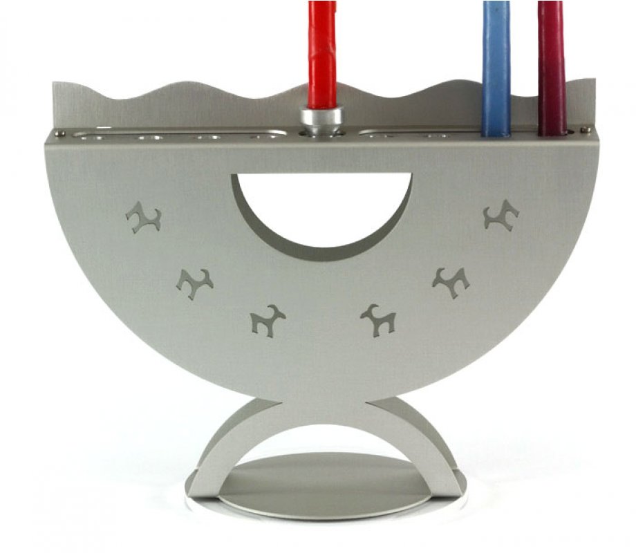Aluminum Curved Hanukkah Menorah with Ibex Design, Gray - Shraga Landesman