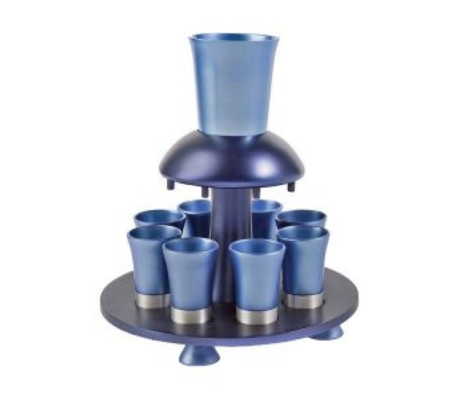 Aluminum Kiddush Fountain with Goblet, 8 Cups & Tray, Blue - Yair Emanuel