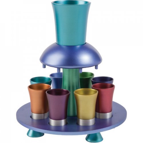 Aluminum Kiddush Fountain with Goblet, 8 Cups & Tray, Multicolored - Yair Emanuel