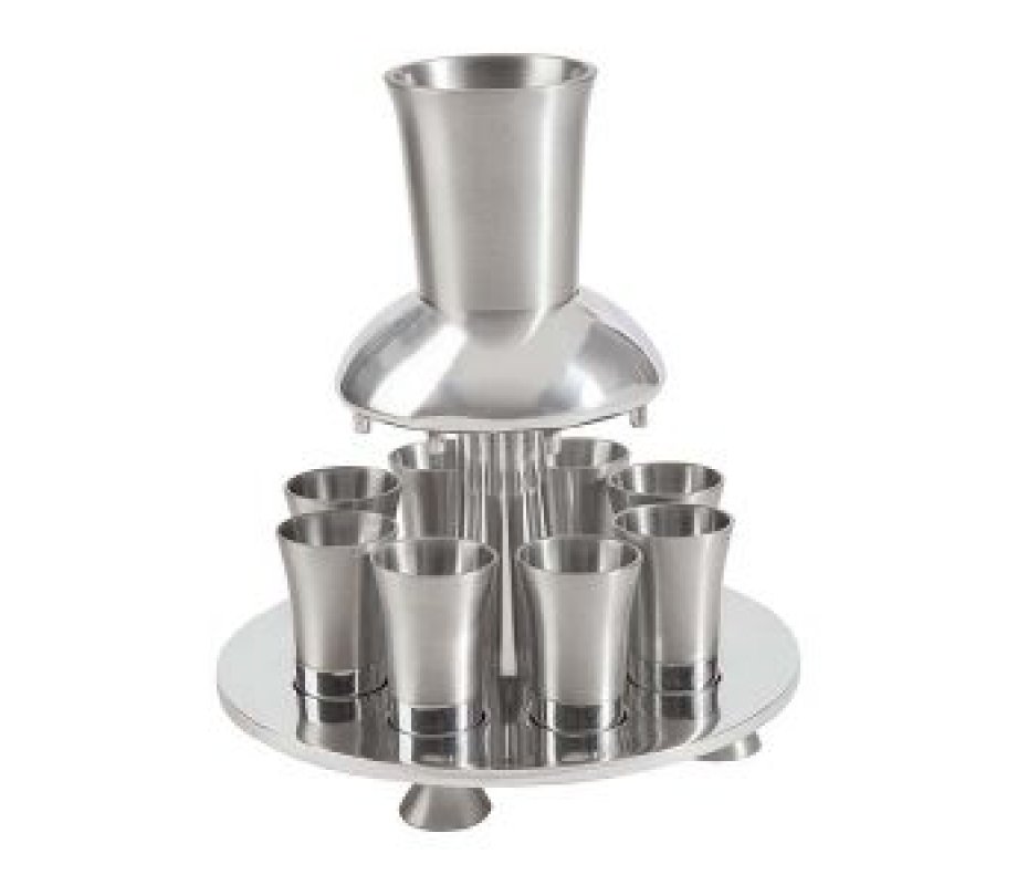 Aluminum Kiddush Fountain with Goblet, 8 Cups & Tray, Silver - Yair Emanuel