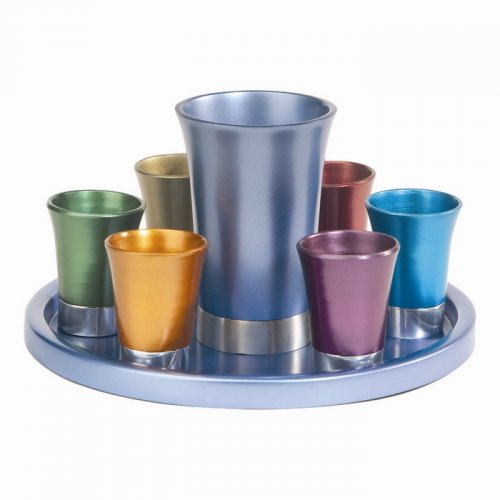 Aluminum Kiddush Goblet and Six Cups with Tray, Metallic Colors - Yair Emanuel