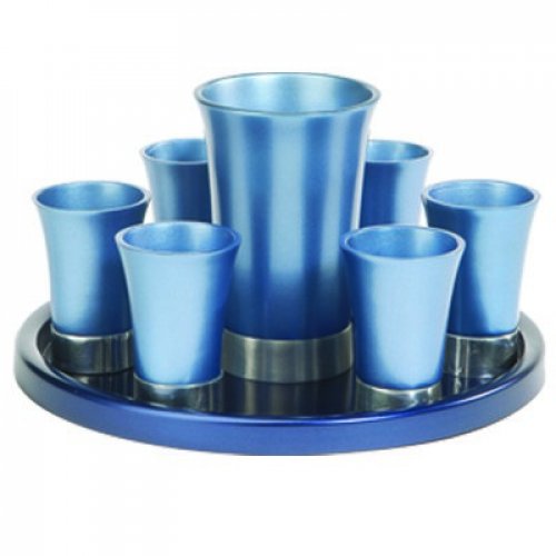 Aluminum Kiddush Goblet and Six Cups with Tray, Metallic Colors - Yair Emanuel