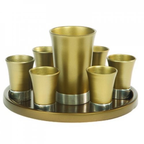 Aluminum Kiddush Goblet and Six Cups with Tray, Metallic Colors - Yair Emanuel