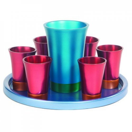 Aluminum Kiddush Goblet and Six Cups with Tray, Metallic Colors - Yair Emanuel