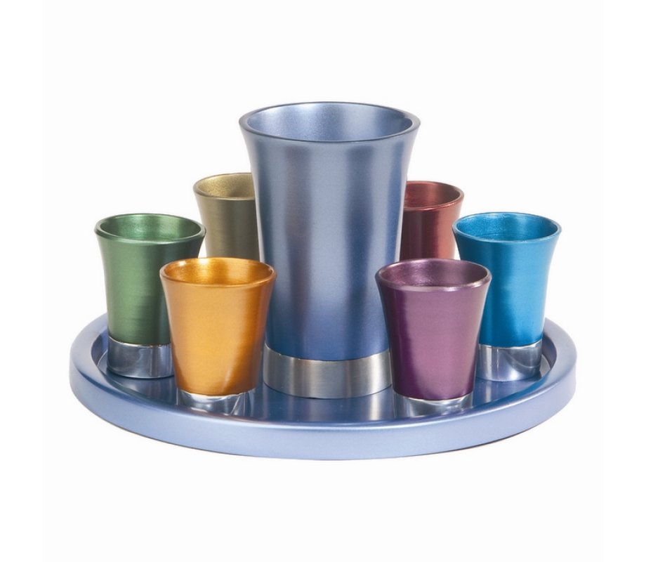 Aluminum Kiddush Goblet and Six Cups with Tray, Metallic Colors - Yair Emanuel