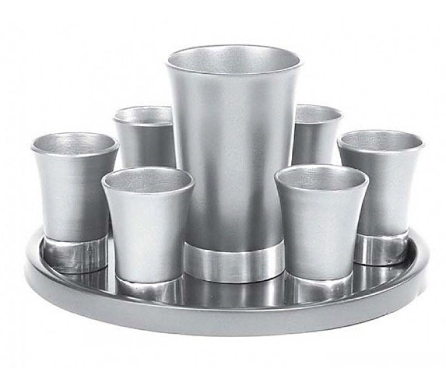 Aluminum Kiddush Goblet and Six Cups with Tray, Metallic Colors - Yair Emanuel