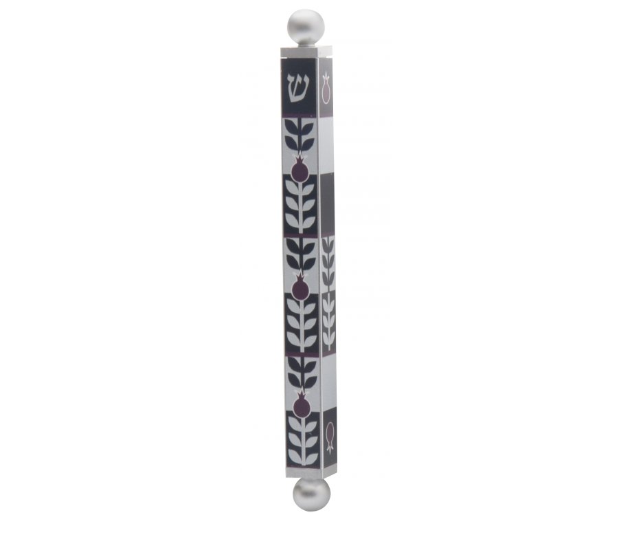 Aluminum Mezuzah Case with a Black and Red Pomegranate Design - Dorit Judaica