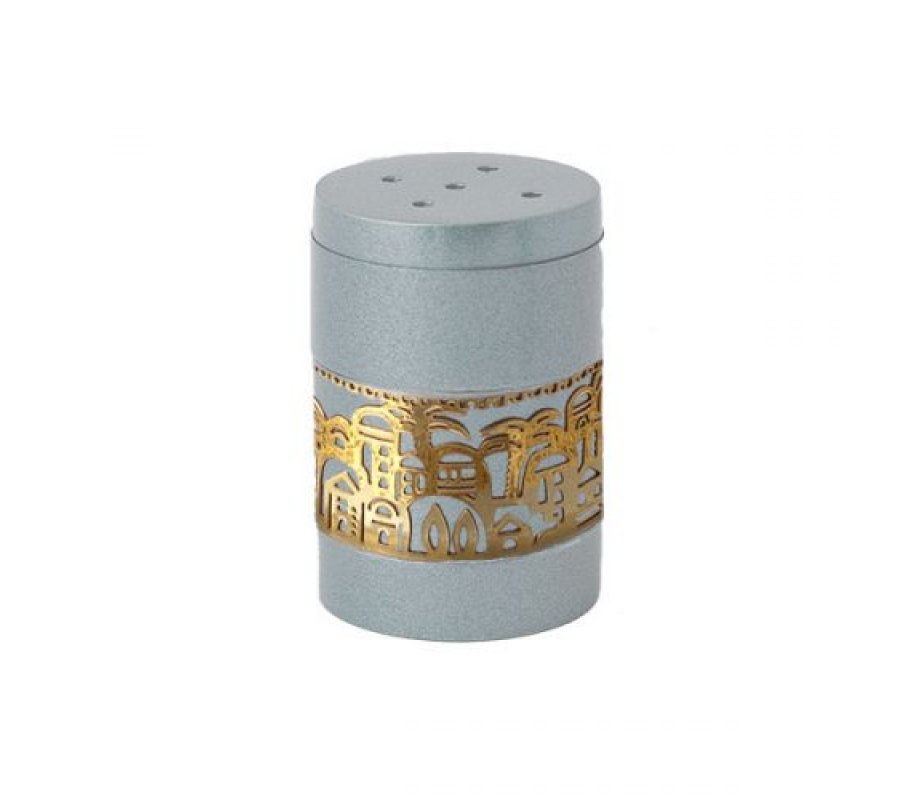 Aluminum Salt Shaker with Decorative Gold Jerusalem Band, Silver - Yair Emanuel