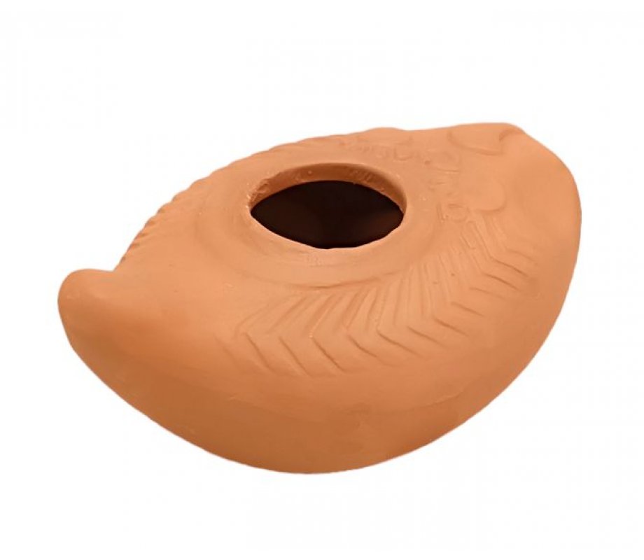 Ancient Biblical Clay Oil Lamp Decorated with Geometric Engravings