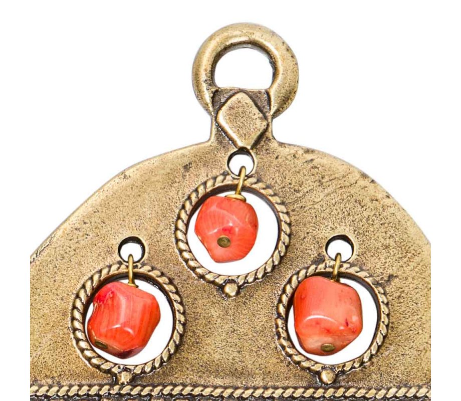 Ancient Brass Wall Good Luck Hamsa, Colored Beads - Replica of Israel Museum Item