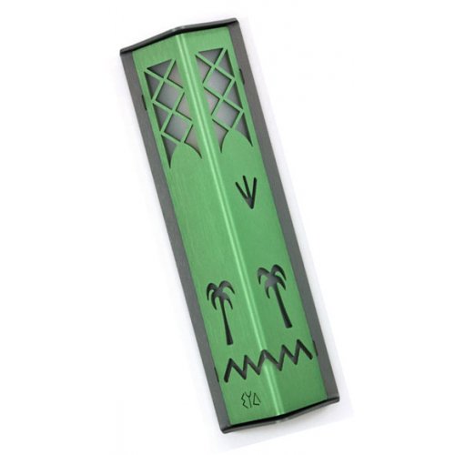 Angular Shiny Green Aluminum Mezuzah Case - Palm Tree Motif by Shraga Landesman