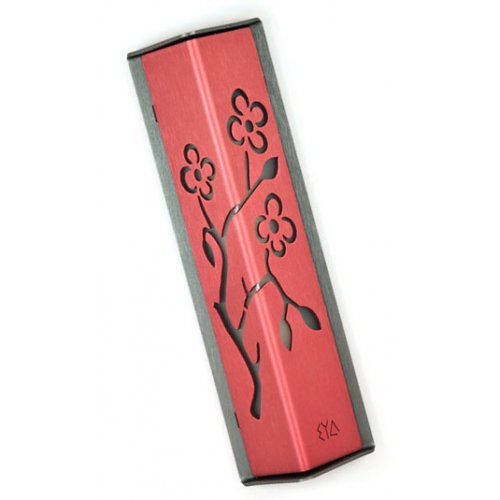 Angular Shiny Pink Aluminum Mezuzah Case - Almond Tree by Shraga Landesman