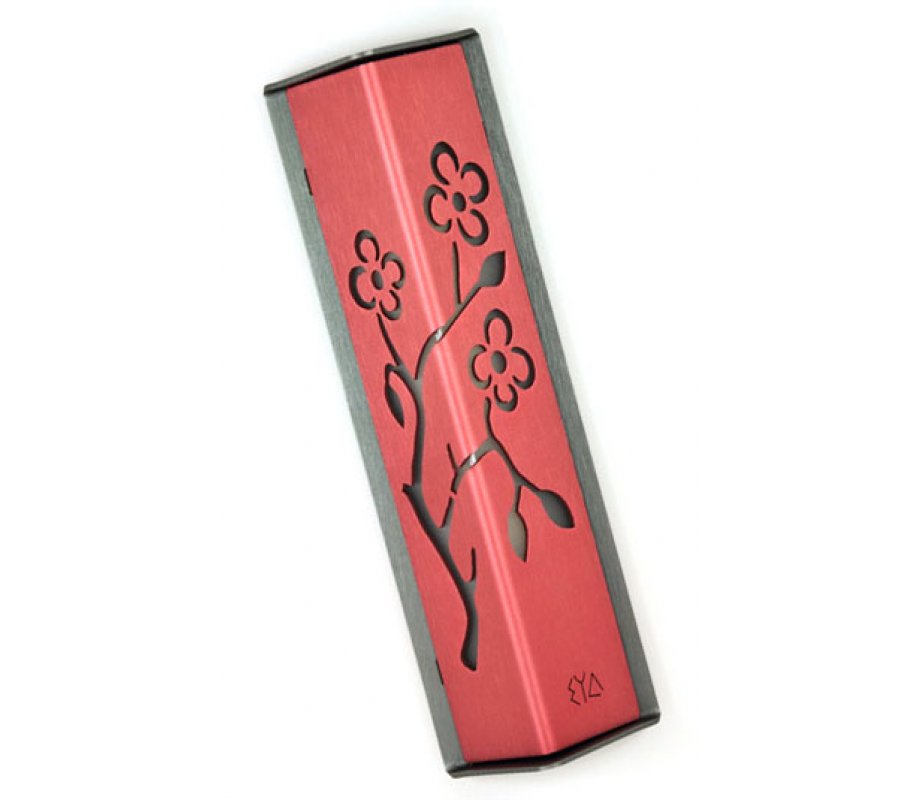Angular Shiny Pink Aluminum Mezuzah Case - Almond Tree by Shraga Landesman